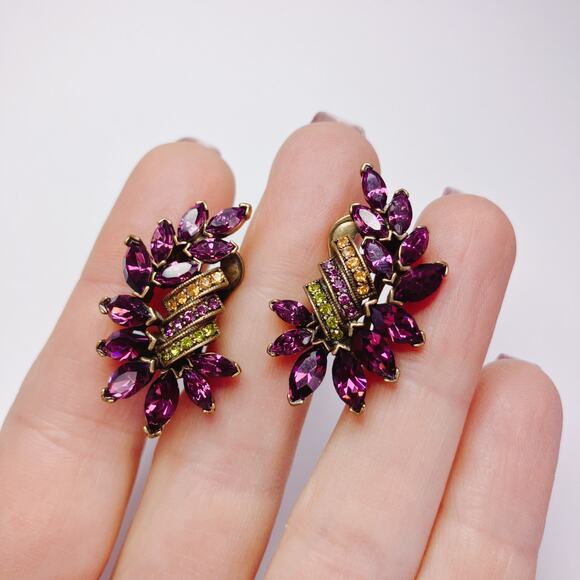 Unsigned Heidi Daus Purple Rhinestone Clip-On Earrings Striped Evening Cocktail - Picture 3 of 11
